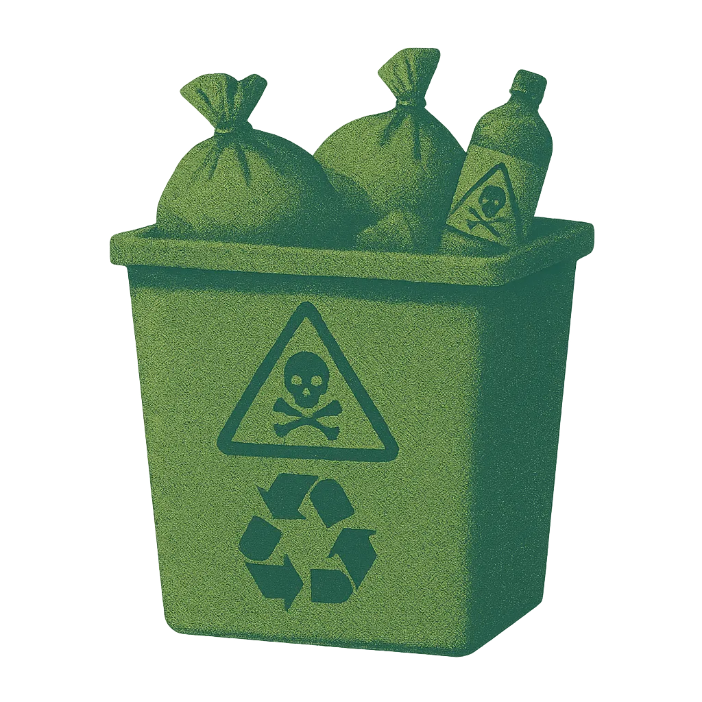 Illustrazione di un contenitore per rifiuti speciali con simbolo di pericolo e riciclo, che rappresenta il servizio di ritiro e smaltimento di rifiuti pericolosi e non pericolosi offerto da Alfaraee S.r.l. in tutta Italia